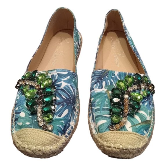 EUC 💎💎Jeweled 💎💎Tropical Palm Leaf Print Espadrille Flat | Women | Sz: 7 1/2
